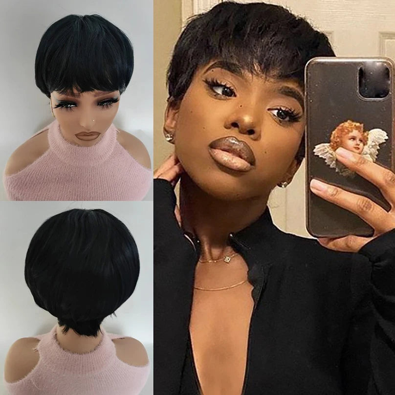 Natural Short Layered Pixie Wig With Bangs For Women
