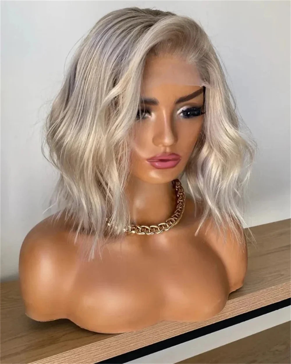 Platinum Icy Blonde Ombre Lace Front Wavy Bob Wig For Women