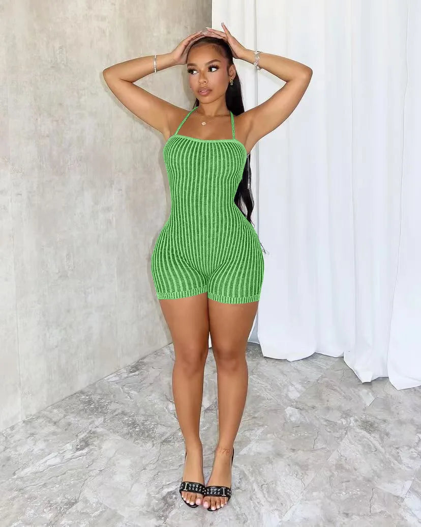 Backless Striped Knitted Sporty Playsuit for Women