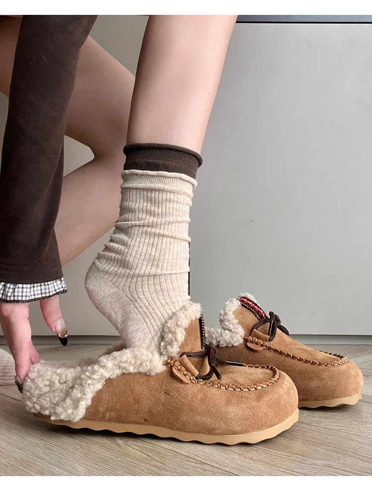 Sheepskin Fluffy Closed Toe Slippers Women Mules Shoes Warm Lace Up Indoor and Outdoor Cotton Shoes Female Winter Fashion