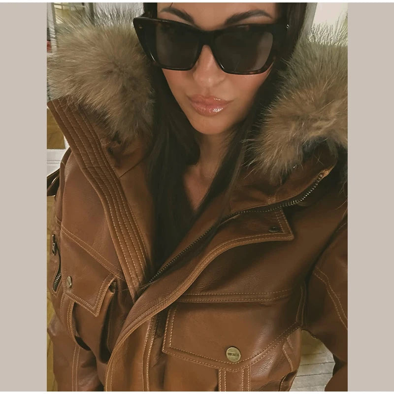 Fur Collar Women 's Leather Jackets Vintage Hooded Zipper Pockets Full Sleeve Jackets Lady 2025 New Woman Winter Coats Outwears