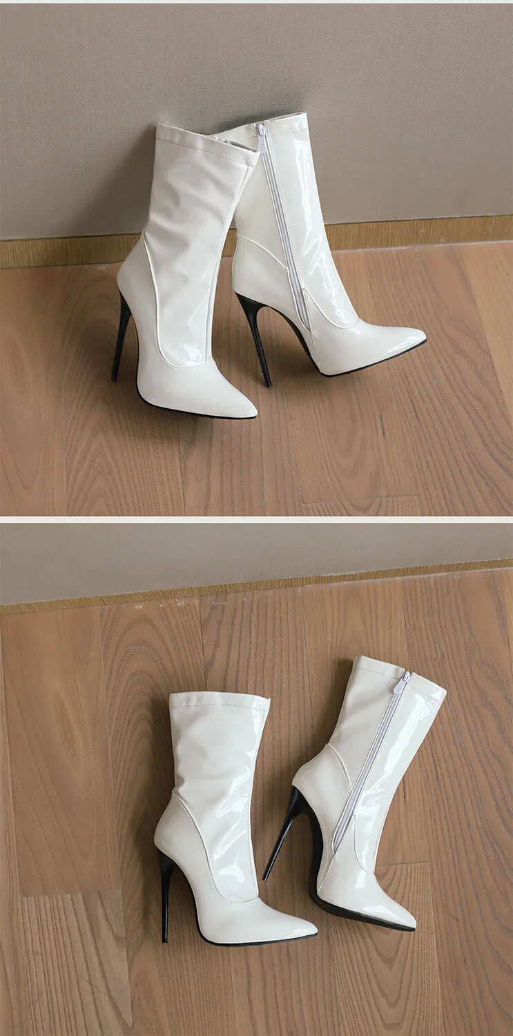 Pointed Toe Soft Patent Leather Side Zipper Stiletto Ankle Boots for Women