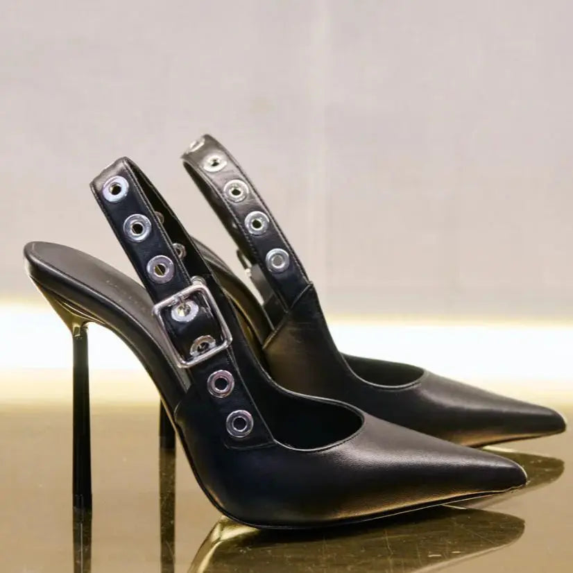 Leather Pointed Toe Slingback Stiletto Sandals With Rivet Strap For Women
