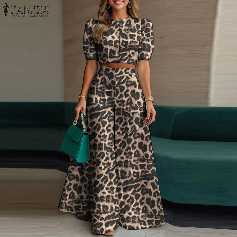 Leopard Print Puff Sleeve Pants Set