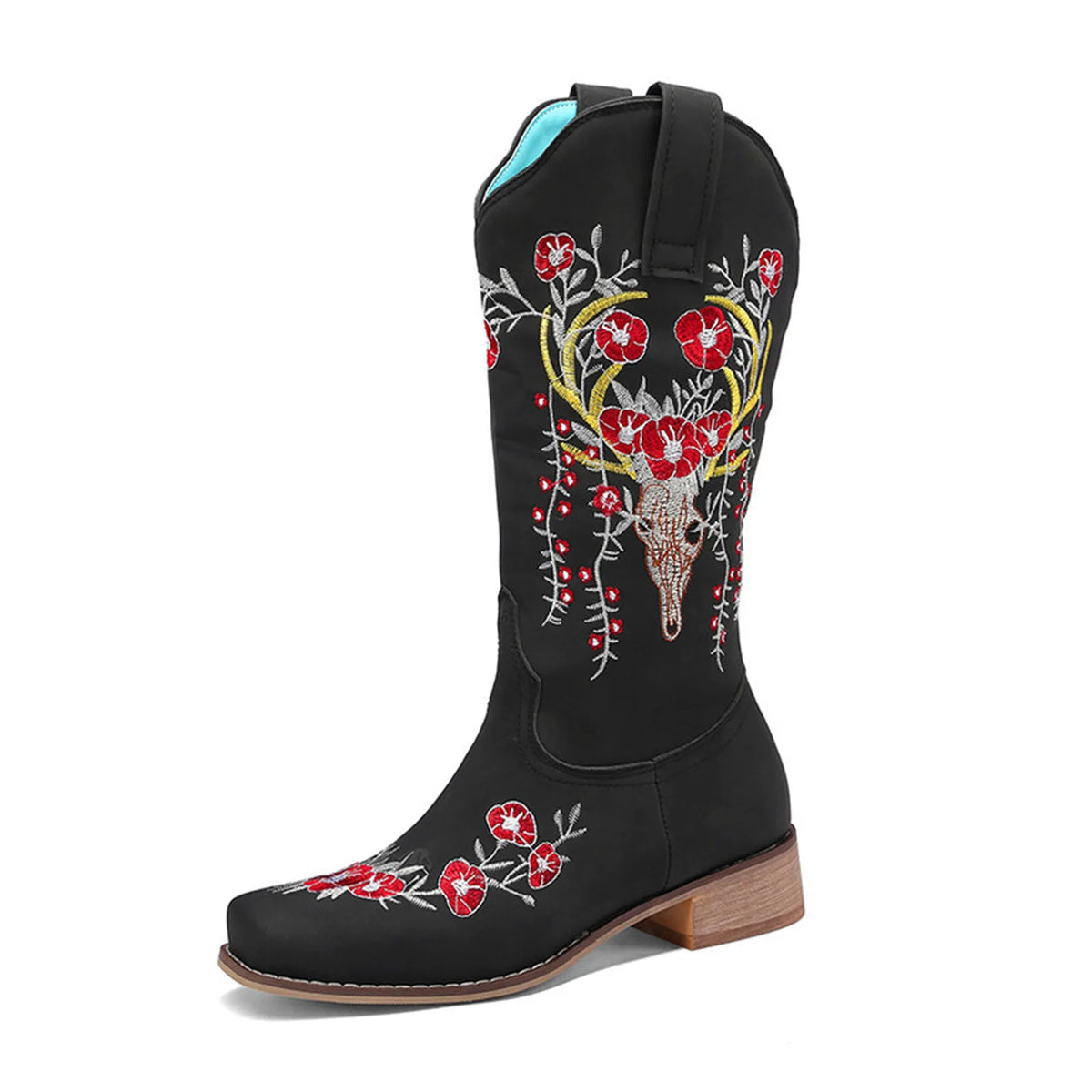 Floral Embroidered Mid-Calf Western Boots for Women