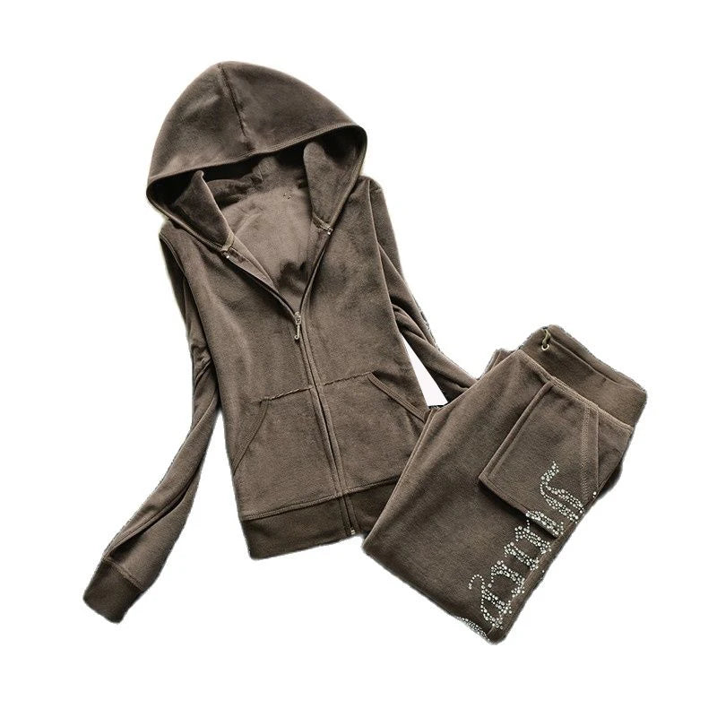 Y2K Velvet Rhinestone Two Piece Tracksuit Set for Women