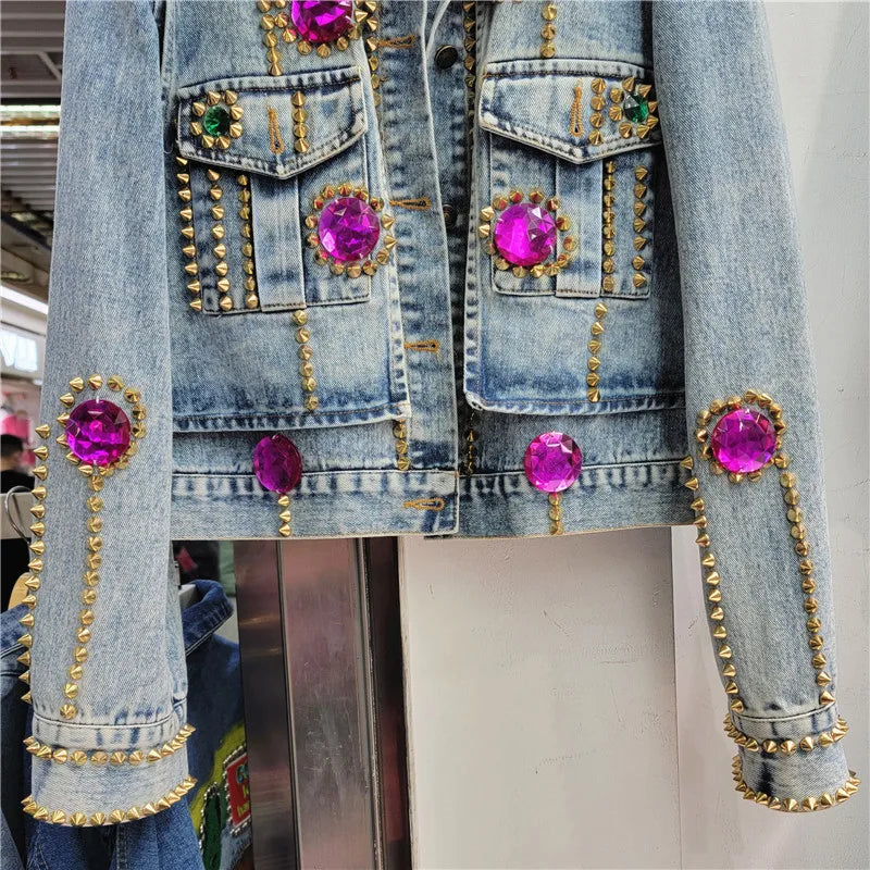 Elegant Rhinestone Beaded Lapel Denim Jacket for Women
