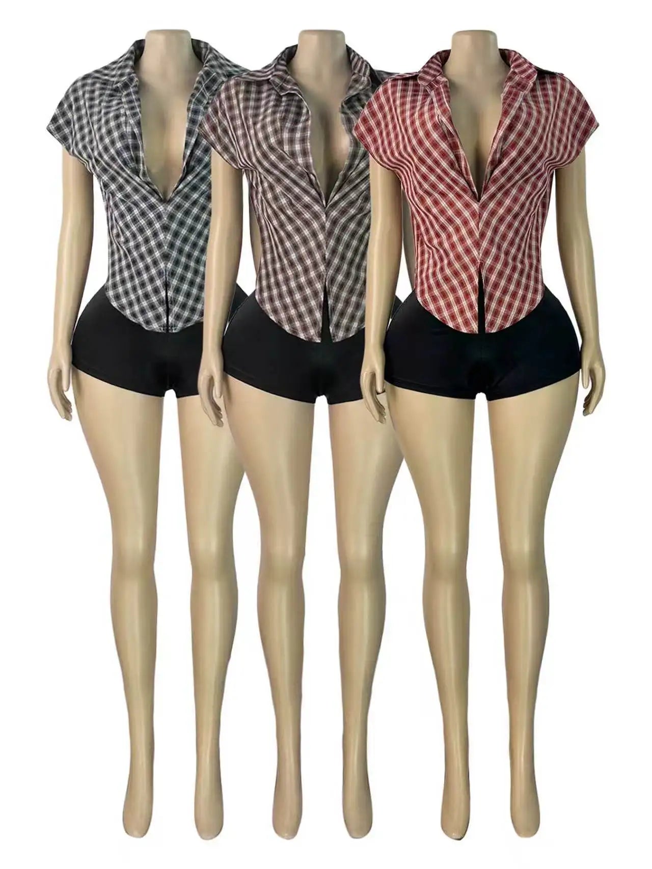 Plaid Print Deep V Neck Sleeveless Hollow Two Piece Set for Women