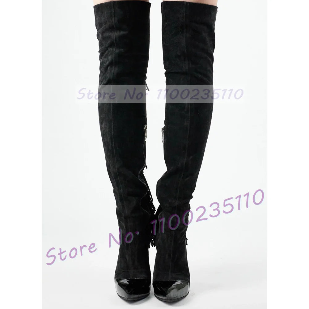 Grey Fringe Leather Over Knee Boots