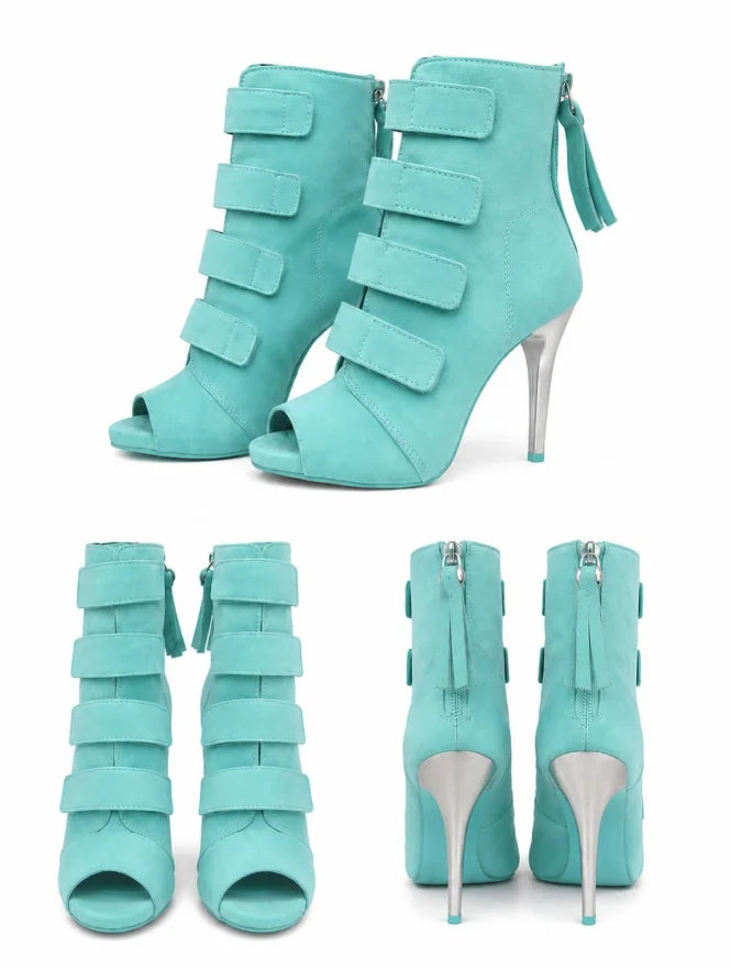 Baby Blue Buckled Suede Peep Toe Ankle Boots For Women