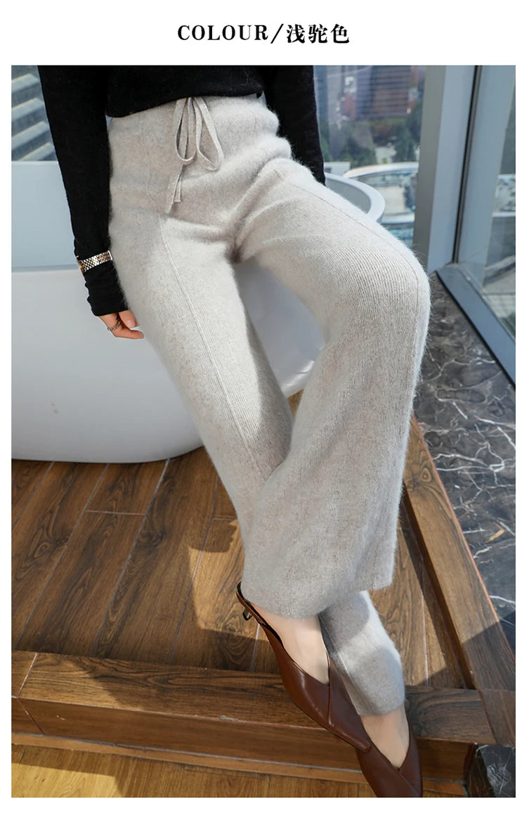 Elastic Waist Wide-Leg Knitted Cashmere Trousers for Women