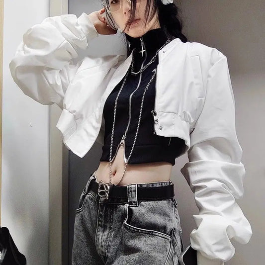 American Motorcycle Duplex Retro Spring and Autumn Hot Cool Short Zipper Jacket Women Slim Fashion Lapel Top Long Sleeve Jacket