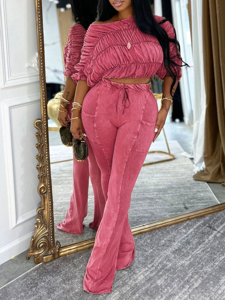 Ruched Crop Top And Flare Pants Two Piece Set for Women