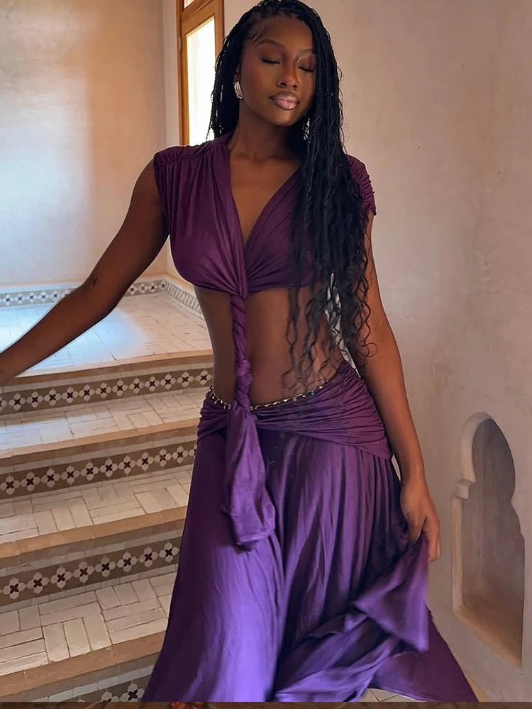 Hollow Design Low Neck Backless Ruched Long Dress for Women