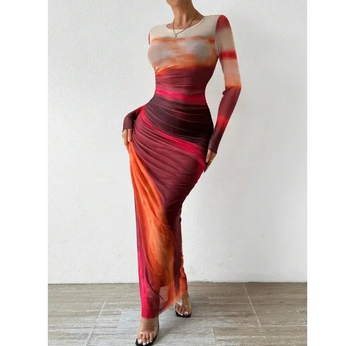 High Waist Dresses for Woman Fashion Printed Sexy Tight Fitting Slit Round Neck Dress Long Sleeves Skirt Streetwear Autumn 2024