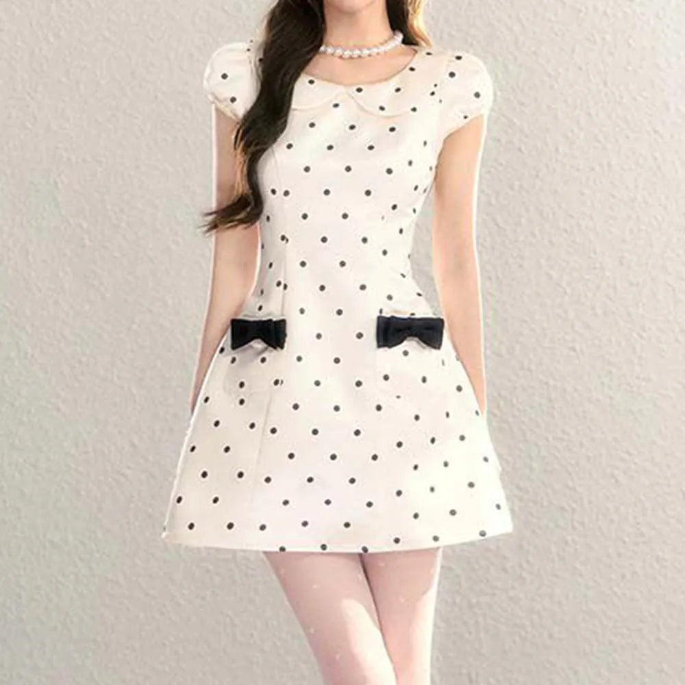 French Polka Dot Doll Collar A Line Bow Dress For Women
