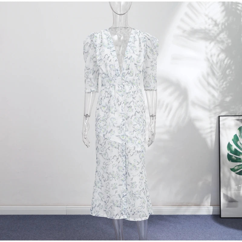 Printed Organza Deep V-neck Half Sleeve Cinched Waist Pleated Dress for Women