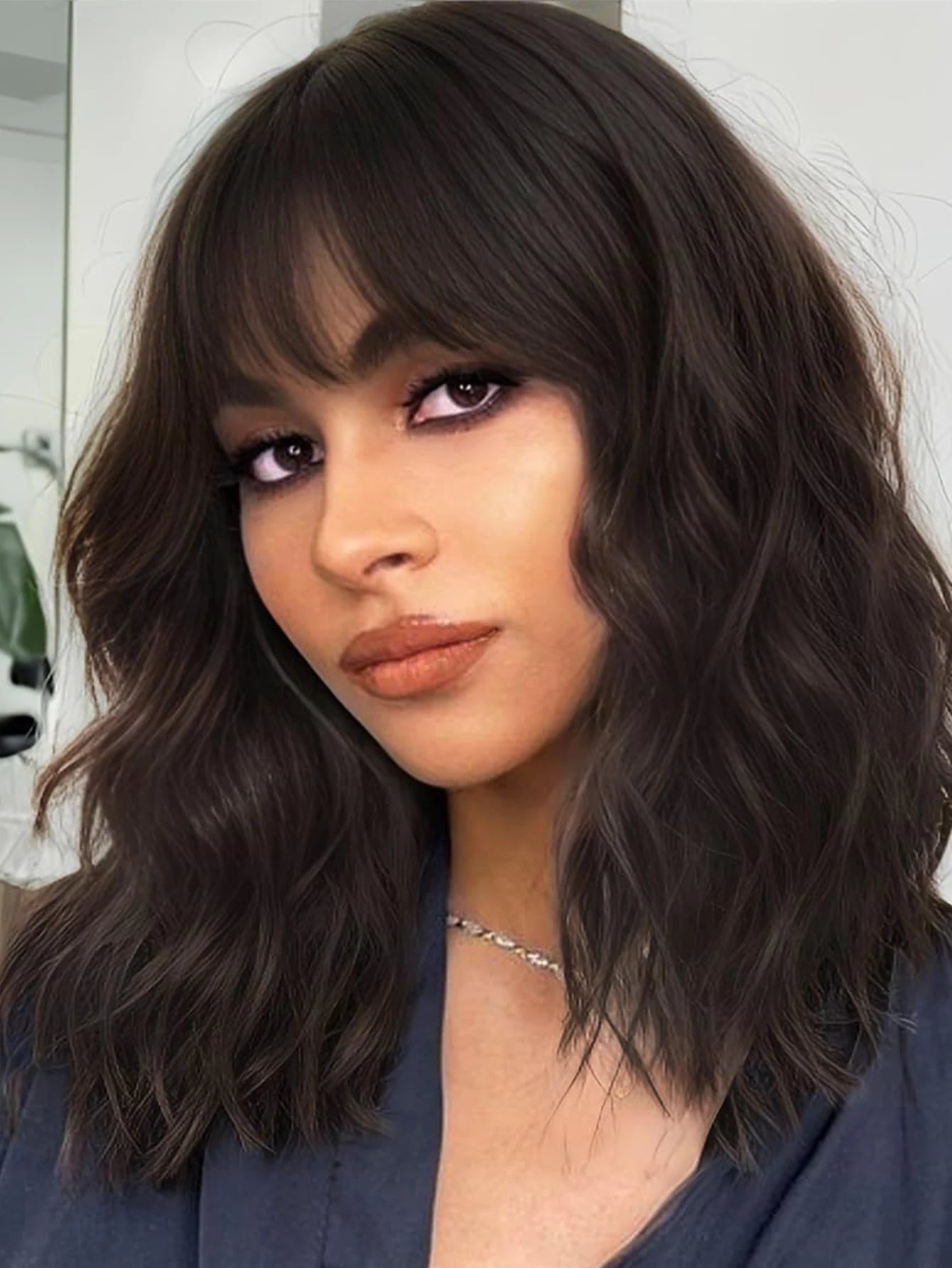 Natural Brown Synthetic Curly Wavy Bangs Bob Wig for Women