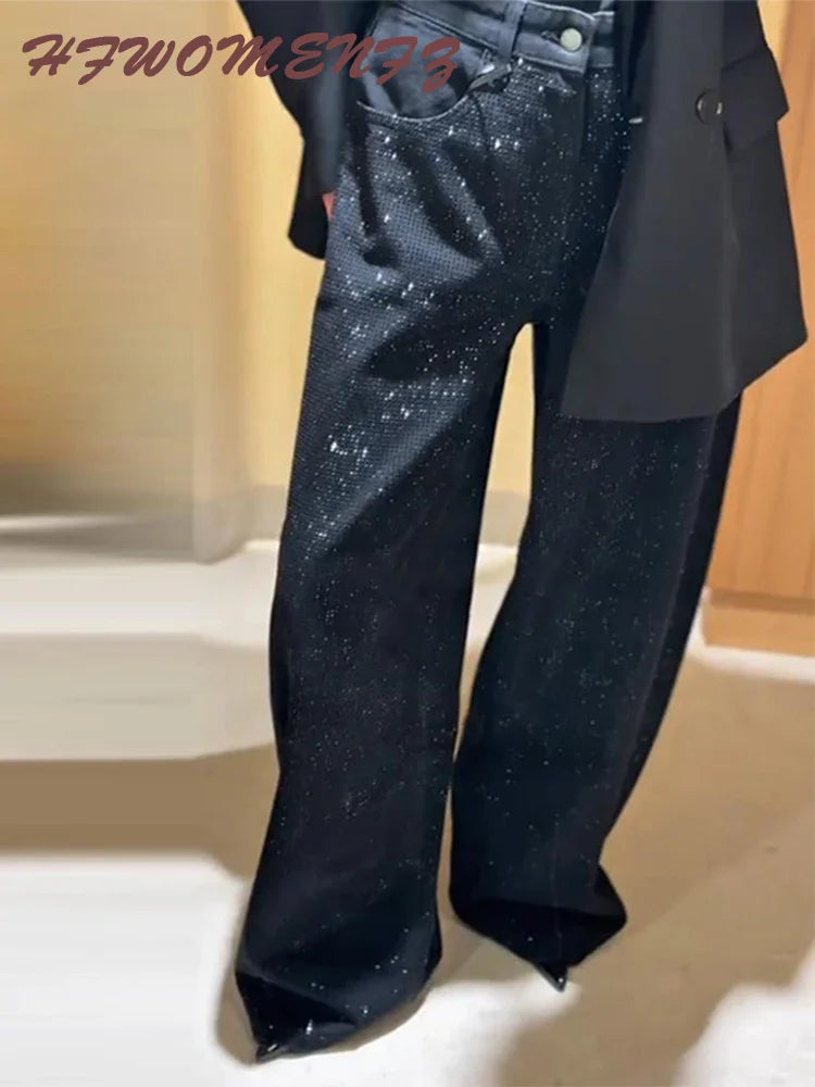 Sequined High Waist Wide Leg Pants with Pockets for Women
