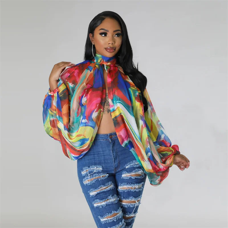 Printed Batwing Sleeve Chiffon Blouse With Sheer Front for Women