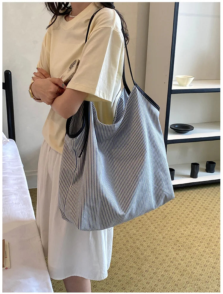 Casual Stripe Canvas Lightweight Shoulder Tote Bag for Women