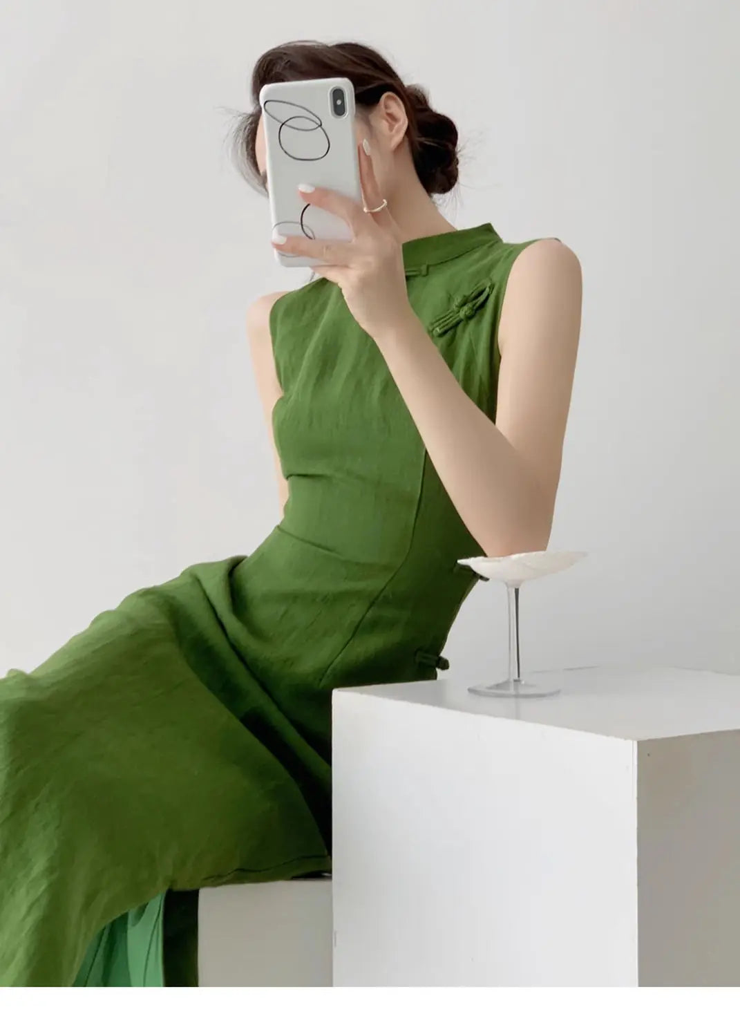 Moss Green Retro Chinese Style Cheongsam Dress for Women