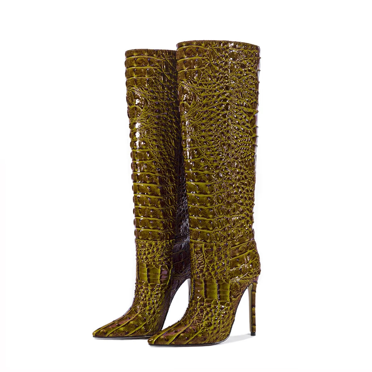 Crocodile Embossed Knee High Stiletto Boots for Women