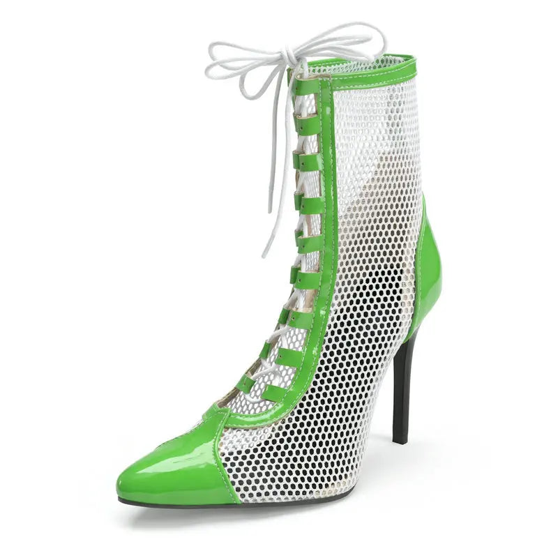 Breathable Mesh Pointy Toe Lace Up Thin Heel Ankle Boots for Women