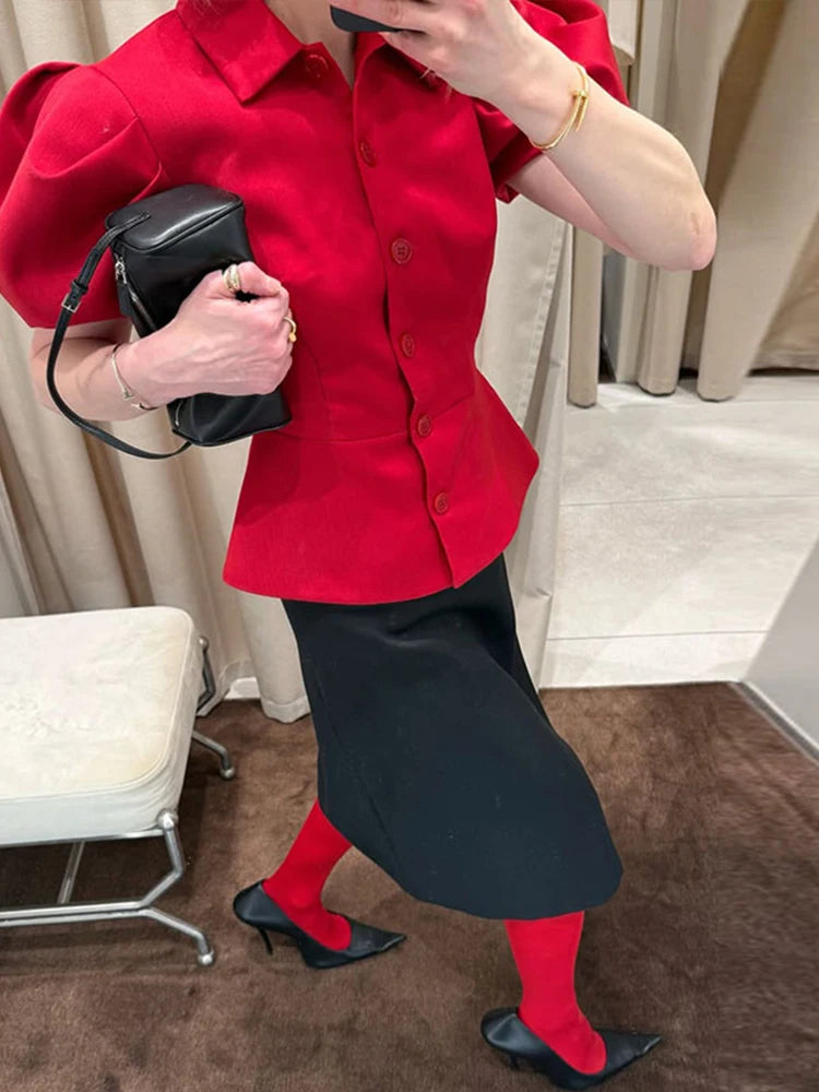Elegant Puff Sleeve Turn-Down Collar Shirt for Women