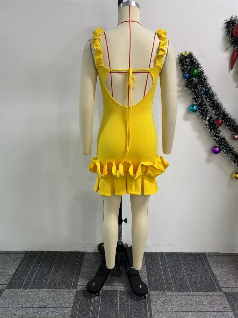 Ruffle Hem V-Neck Spaghetti Strap Mini Dress for Women