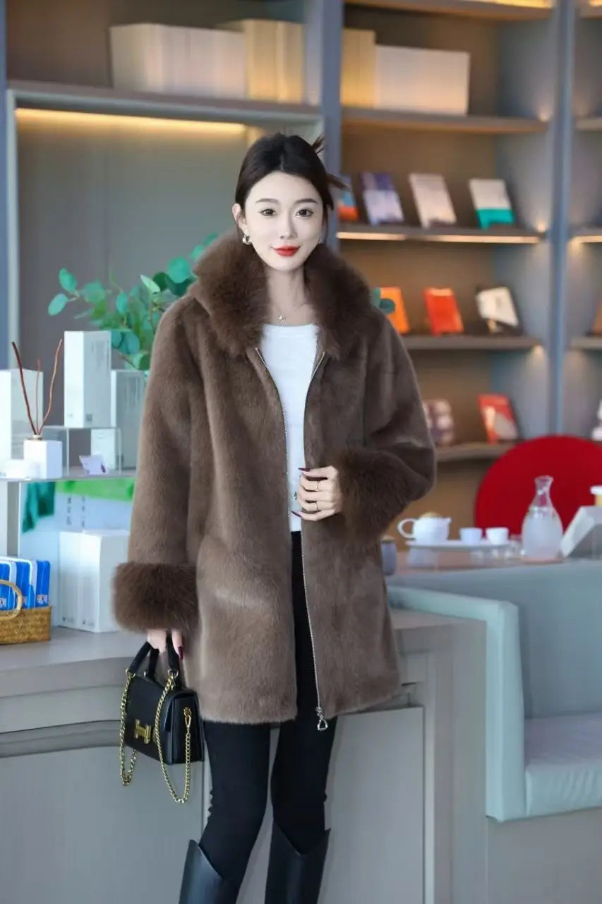 Faux Mink Fur Coat for Women,Zippers Jacket,Female Clothes,Fur Collar,Thick Warm,Autumn and Winter,2025