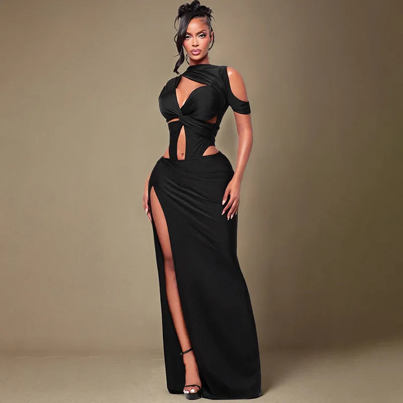 Twist Hollow Patchwork High Split Maxi Dress for Women