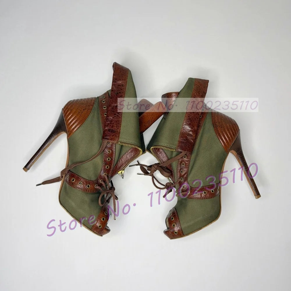 Army Green Denim Patchwork Cross Strap Sandals for Women