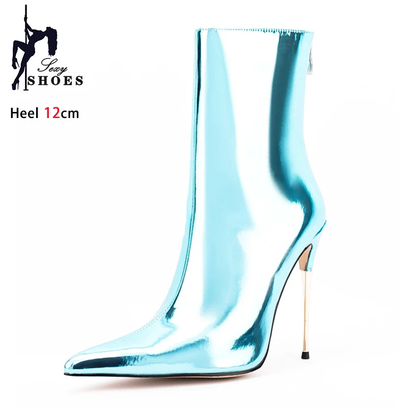 Shiny Blue Mirror Stiletto Boots with Side Zipper for Women