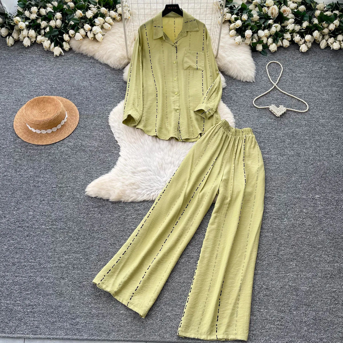 Collared Shirt and Wide Leg Pants Set
