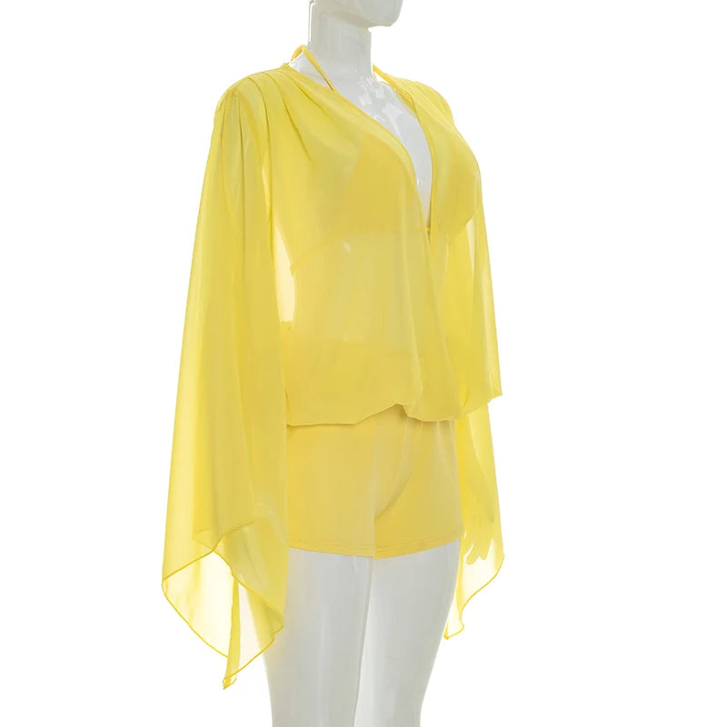 Ruched Elegant Three Piece Set With Halter Tops And Vneck Mesh Tops For Women