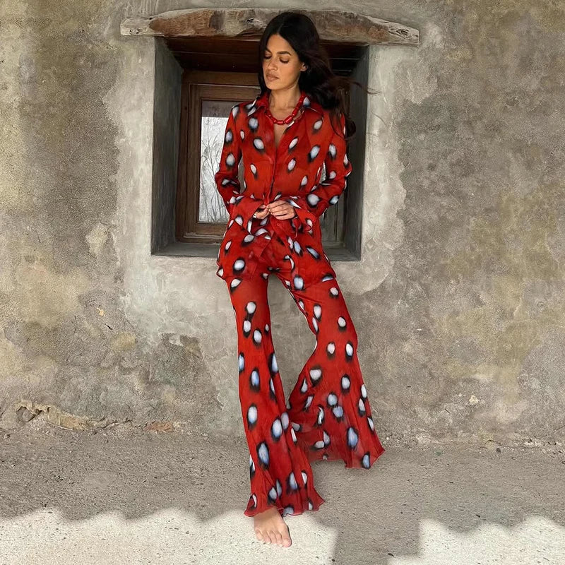 Elegant Vacation Print Shirt and Pants Set for Women