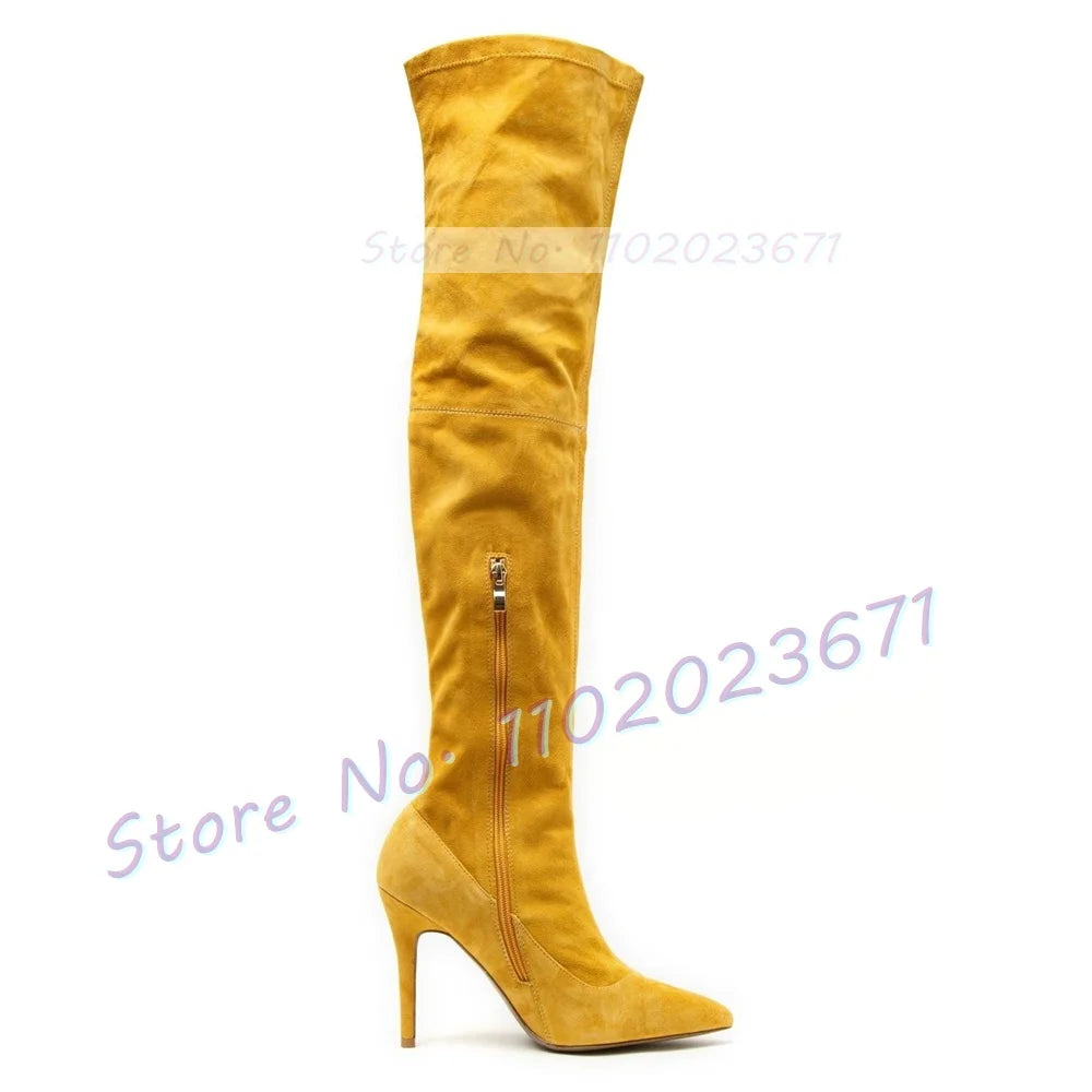 Yellow Suede Splicing Long Boots Women Vintage Streetwear Pointed Toe Over Knee Boots Ladies Green High Heels Sexy Side-zip Shoe