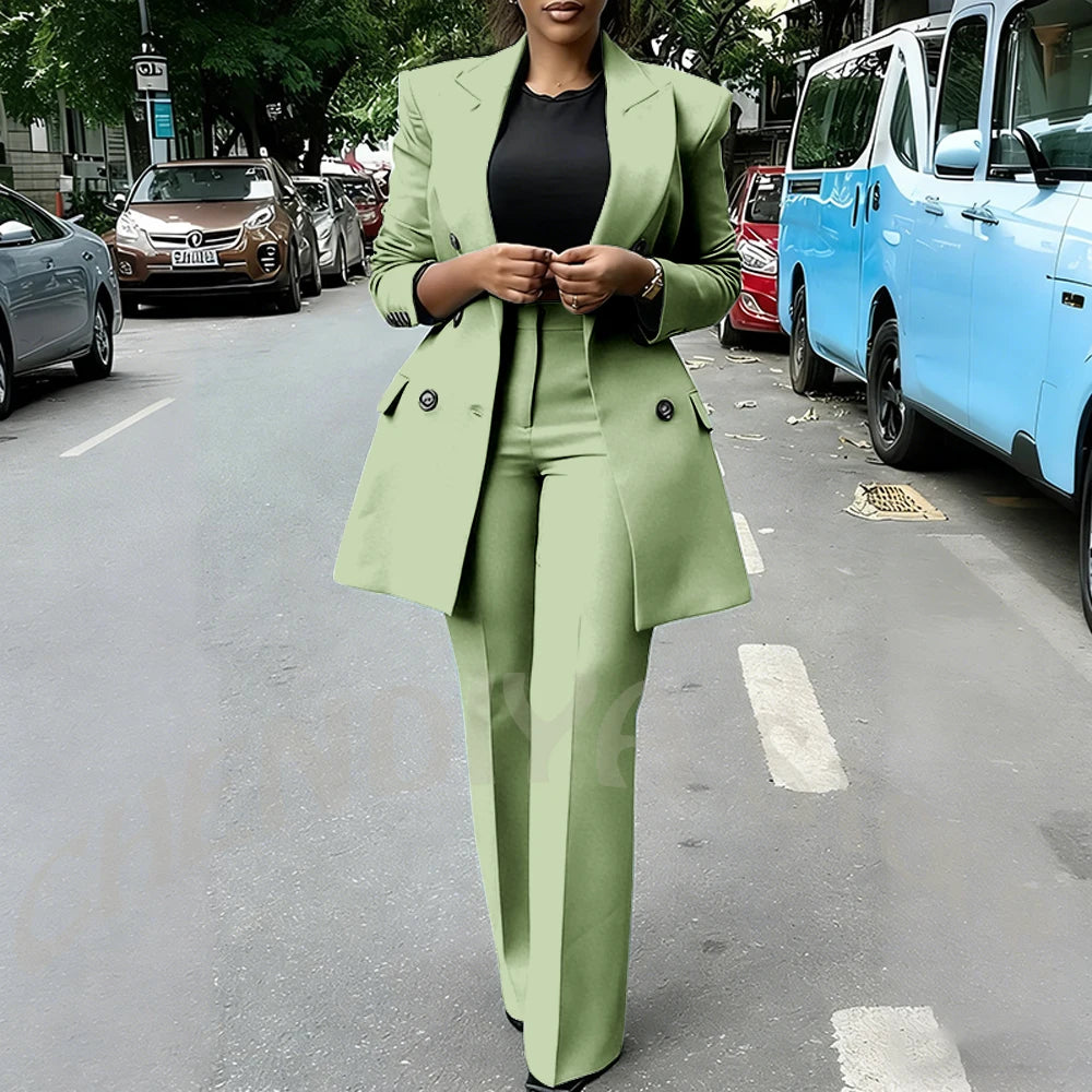 High Quality Women Suits Double Breasted Straight Formal 2 Piece Jacket Pants Peak Lapel High Street Daily Office Casual Suit