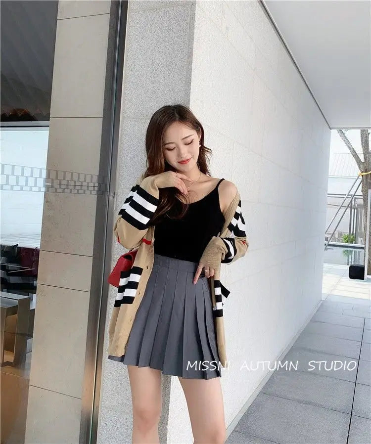Women's Coat Spring and Autumn Classic Striped Color-block V-neck Mid-length Knitted Cardigan Loose Sweater Coat