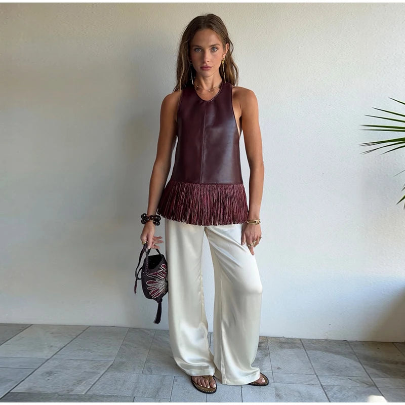 Faux Leather Patchwork Fringe Halter Top for Women