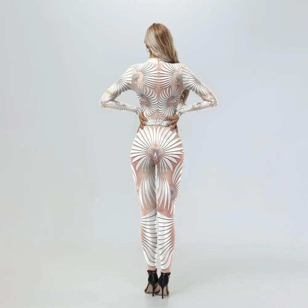 Elegant Skin Color Rhinestone Print Jumpsuit for Women