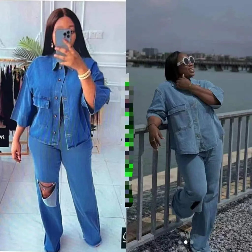 Denim Pant Set Women Two Piece Sets Turn Down Collar Matching Sets Single Breasted Shirt Tops Wide Leg Long Pants High Waist
