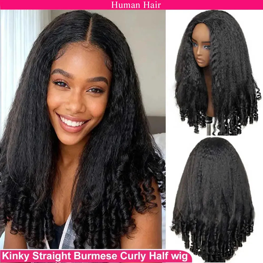 Glueless Human Hair Kinky Straight Half Wig for Women