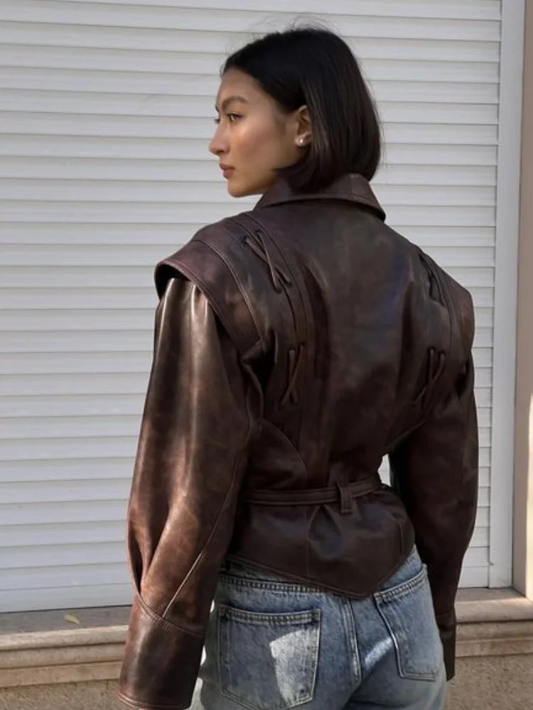 Women Leather Bomber Jackets Coats With Belt Notched Shoulder Pads Motorcycle Street Chic Short Outwear Fashion Solid Lace Up