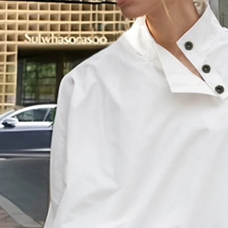 Beautyblue Women's Ubran Blouses White Shirts Tops Fashion Cotton Stand Collar Loose Long Sleeves Buttons Simple Women Clothing