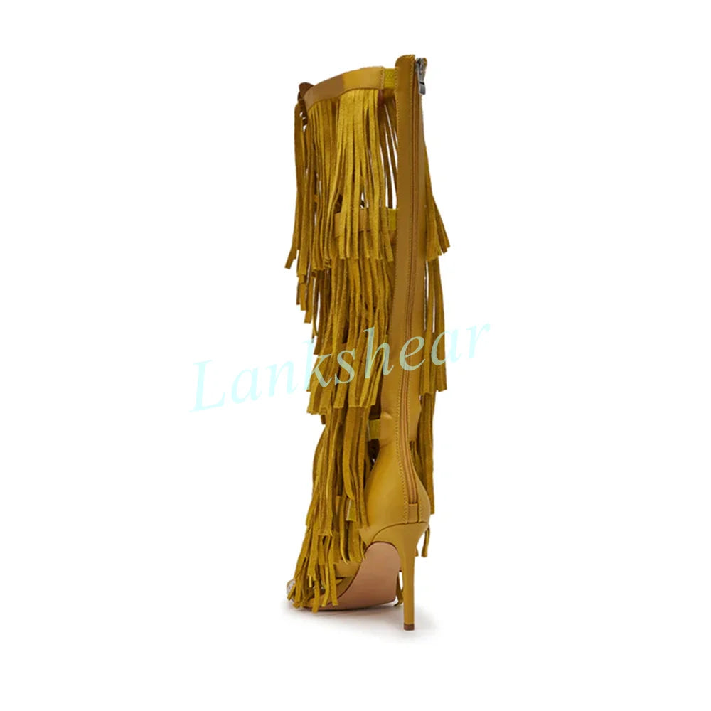 Mustard Yellow Suede Fringe Knee High Gladiator Sandals for Women