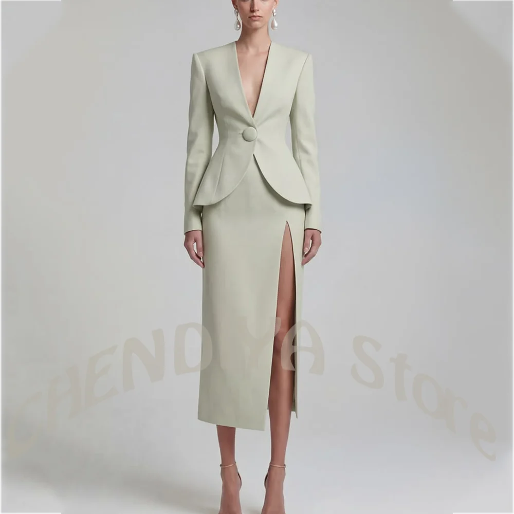 Modern Women's Suit Deep V-Nek Peplum Blazer with Padded Shoulder High Slit Midi Skirt Tailored Slim Fit Office Business Outfit