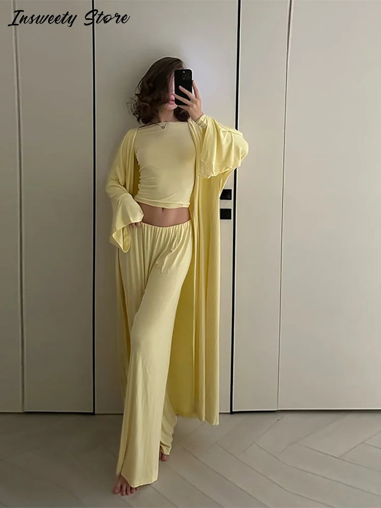 Casual Three Piece Shirt, Coat And Wide Leg Pants Set for Women