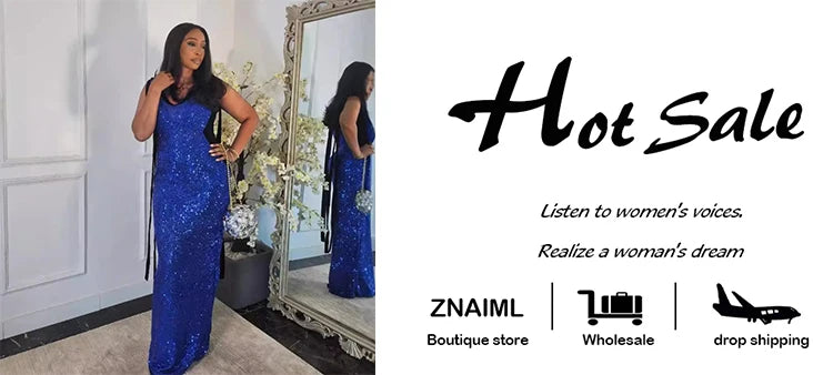 Znaiml Women Elegant Cocktail Prom Long Blue Dress Luxury Sequin Sleeveless Bandage Wedding Gown Evening Formal Party Vestidos